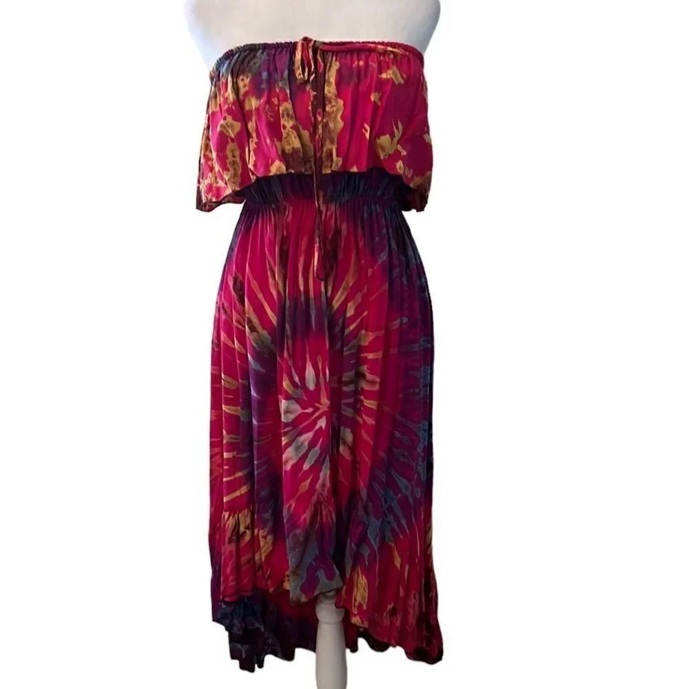 Multi colored SzS tie dye ruffled high low hem strapless dress